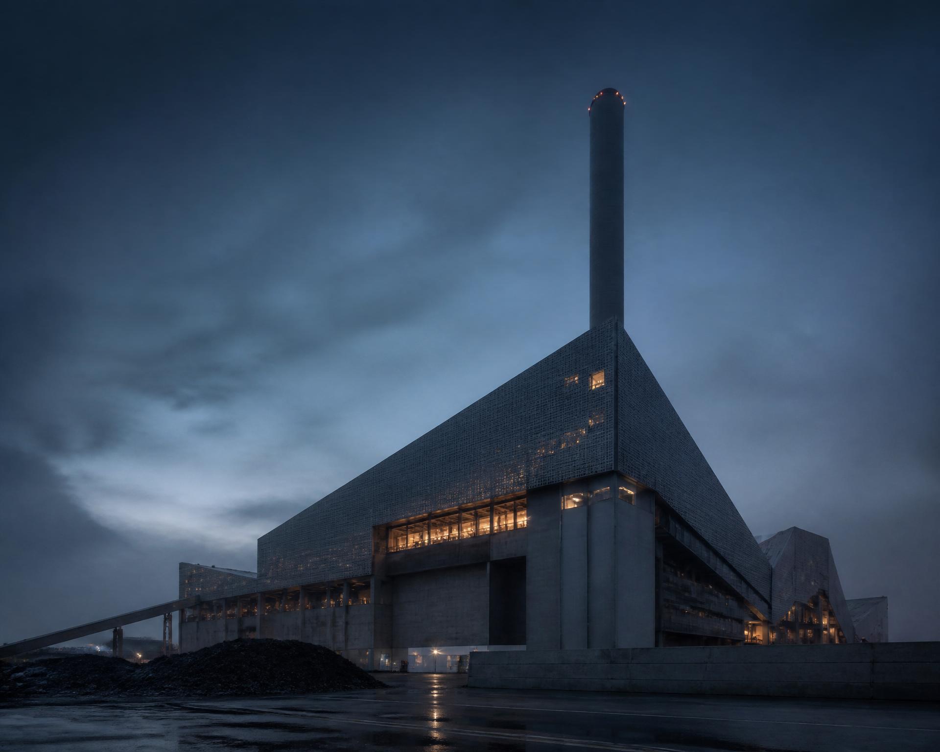 Industrial waste-to-energy infrastructure at dusk